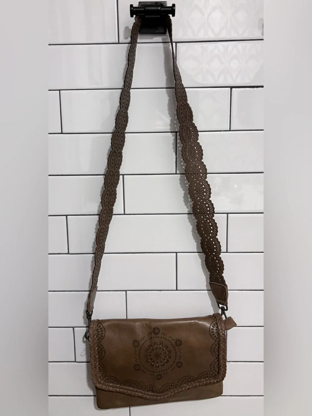 Brown Bohemian Laser-Cut Leather Crossbody Bag